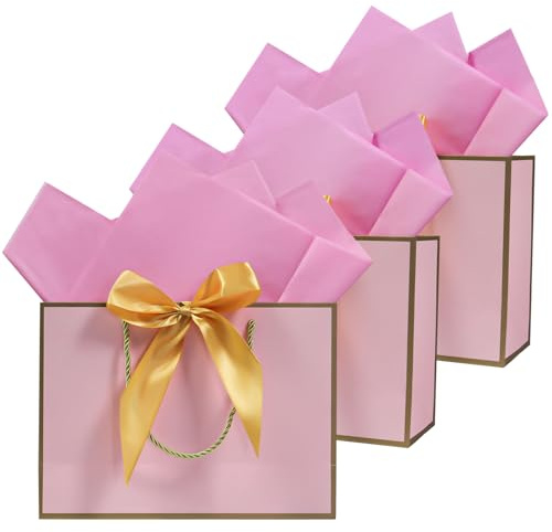 LYINUR 3Pcs Gift Bags for Presents, Medium Gift Bag with 6 Wrappers for Valentines Birthday Wedding Bridesmaid Party Bags for Her Him, 28 x 20 x 10 cm, Pink - Gold