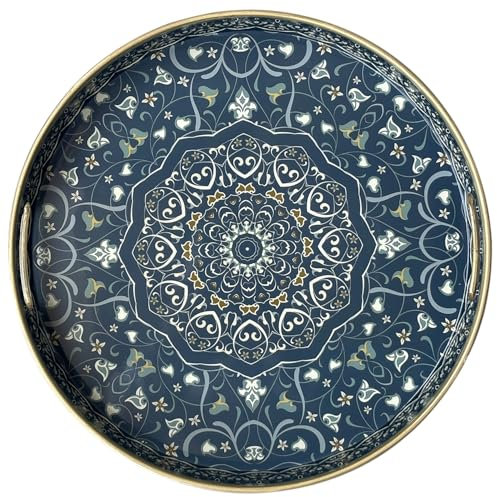 Simmer Stone Vassoio decorativo rotondo, in plastica marmorizzata con manici, moderno vanità e servizio per ottomana, tavolino, cucina e bagno, dimensioni 33 cm (labirinto blu)