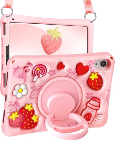 Kokaade Funda para iPad Mini 7 A17 Pro – con correa para el hombro y soporte giratorio, silicona suave con dibujos animados para iPad Mini 7ª/6ª generación, Kawaii para mujeres, niñas, niñas