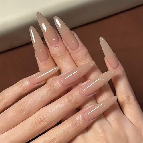Long Almond False Nails - 24PCS Nude Stick on Nails - Press on Nail Removable Glue-on Nails Full Cover Acrylic Fake Fingernails for Women Girls Nail Art Accessories
