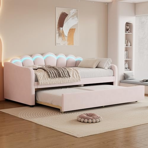 TIZZ Daybettt, 90x200cm Tagesbett mit ausziehbarem Bett,Schlafsofa, Einzelbett(Ohne Matratze), Samt, farbwechselndes Umgebungslicht, Fernbedienung,minimalistisches Styling,Rosa
