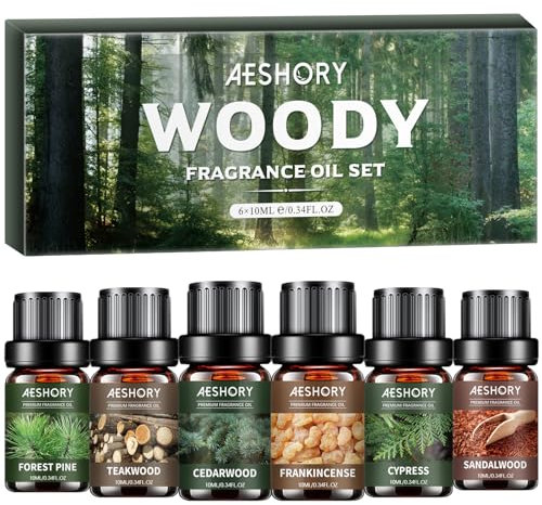 Aeshory 6 x 10ml Woody Essential Oils - Natural Essential Oil Set for Diffusers for Home, Aromatherapy, Humidifier, Relax, Cleaning, Perfume, Soap & Candle Making