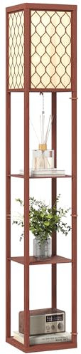 HOMCOM Floor Lamp with Shelves, Modern Tall Standing Lamps with Fabric Lampshade, Chain Switch and Single Light for Living Room, Bedroom, Bulb not Included, Brown