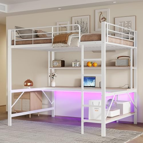 NNJN Hochbett, 140 * 200 cm, Geländer, Trittleiter, mit USB und Steckdose, Mit LED-Leuchten, Schreibtisch, mehrstöckiges Regal, ohne Matratze, Metall, Weiß