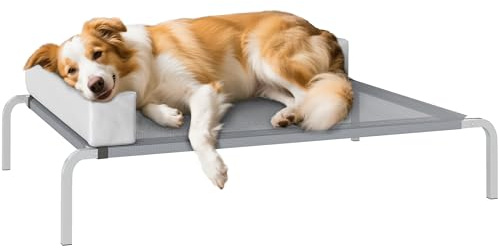 PawHut Hundeliege Outdoor, Erhöhtes Hundebett für Mittelgroße Hunde, Kühlendes Haustierliege mit L-förmige Kissen rutschfesten Füßen, Haustierbett für Draußen Camping 110x75x30cm, Hellgrau