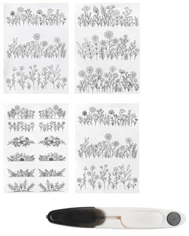 KQDRAVINE 4 Fogli Stabilizzatore Ricamo Solubili in Acqua con Forbici, Centinaia di Motivi Floreali, Carta Idrosolubile per Ricamo per Principianti, Pratica del Punto, Fai da Te