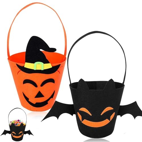 Xanthelle Halloween Eimer Set, 2 Filz Süßigkeitenkörbe mit Kürbis und Fledermaus Motiv, Halloween Korb für Kinder, Süßigkeitenschale zum Sammeln & Dekorieren