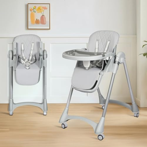 Baby High Chair, Foldable Highchair for Babies and Toddlers with Adjustable Height & Reclining Backrest, Portable Baby Feeding Chair with Double Tray for 6 Months to 3 Years