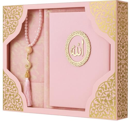 Imani Aksa Coffret Cadeau Musulman Tapis de priere Musulman (Tapis de prière, Livre de sourate avec Son Sac, tesbih, zikirmatik) Islam seccade (Rose)