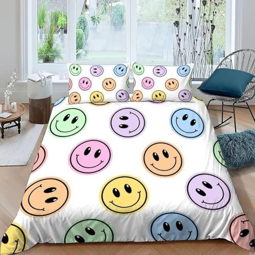 Smiley Bettwäsche 135x200 Kinder Bunt Bettbezug 3D Weiche Mikrofaser 3 Teilig Bettwäsche-Sets mit Reißverschluss und 2 Kissenbezüge 80x80 cm D.602