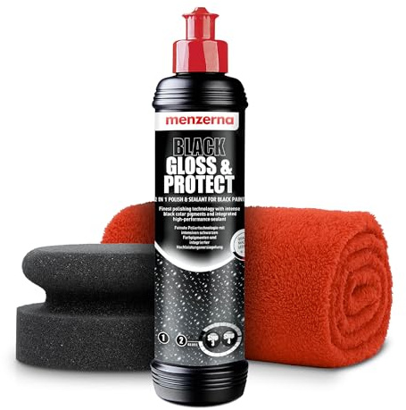 Auto Politur Set | Menzerna Black Gloss & Protect 250ml Autopolitur + Polierschwamm + Tuch | Schwarze Polierpaste mit Versiegelung für dunkle Metalliclacke | Polierset zur Entfernung leichter Kratzer