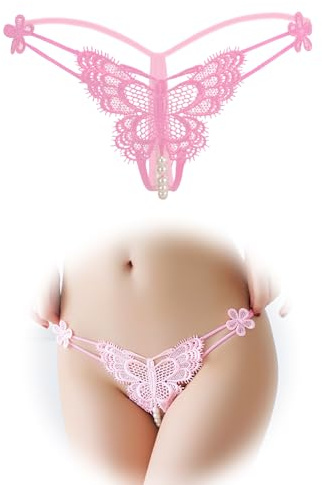 FULLJOYLOVE Women Lace Sexy Thongs Open Crotch Erotic Panties with Pearl Butterfly Micro G-strings String Briefs