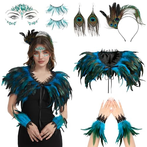 Charmofun 6 Teile Pfau Kostüm Damen, Pfauenfedern Schultertuch Set mit Pfau Kopfschmuck und Ohrringen, Pfau Kostüm Damen Accessoires, Karneval Cosplay Kostümfeste