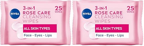 NIVEA 3in1 Rose Care Cleansing Wipes (2x25 Wipes), Plant-Based Makeup Remover Wipes, Face Wipes with Organic Rose Water, Gentle yet Effective Makeup Removal (Pack of 2)