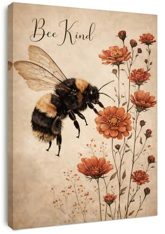 Alptiny Sei nett Wandbild mit Rahmen 30x40 cm, Leinwandbild mit Biene und Blumen für Wohnzimmer, Wanddekoration, Mit Aufhängehaken und Nägeln für einfache Montage