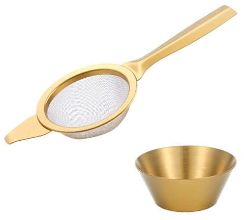 DOPENSPI Tamiz Matcha con taza de acero inoxidable, 6 cm, mini colador para el hogar, tamiz de malla fina, tamiz de cocina con mango reforzado para tamizar café, escurrir (dorado)