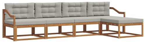 vidaXL Outdoor-Sofagarnitur mit Kissen 5 pcs Natürlich und Hellgrau, Outdoor-Möbel-Set, modernes Patio-Sofa, wetterfestes Lounge-Set, Latten-Sofa, modulares Sofa