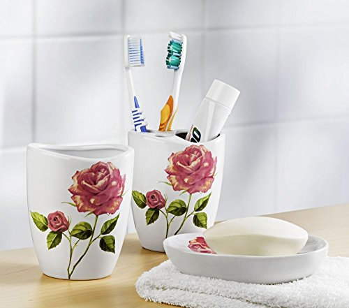 3 TLG. Badset weiß, mit Rosen-Dekor - Zahnputzbecher, Zahnbürstenhalter und Seifenschale, Bad-Accessoires Set, Badezimmer Zubehör, Gäste-WC