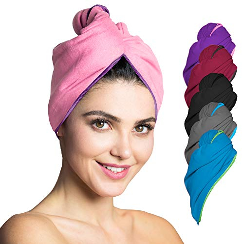 Fit-Flip Haarturban Mikrofaser - 1 Stück Haarhandtuch mit Knopf - schnelltrocknend und saugstark - Microfaser Kopf Turban - Haar Handtuch (rosa-lila)