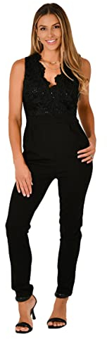 KRISP Damen Elegant Lang Jumpsuit mit Taschen Taillierter Schnitt Pailetten V-Ausschnitt Playsuit 4693-BLK-XL