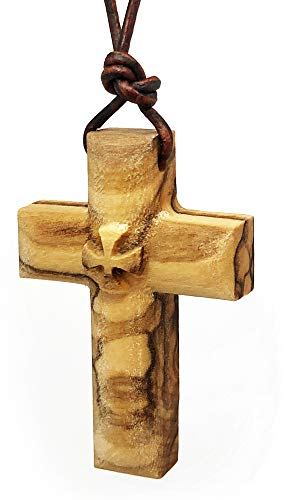Malteserkreuz-Anhänger aus massivem Olivenholz auf 81 cm verstellbarer Lederhalskette für Damen und Herren – braunes oder schwarzes Lederband – christliches spirituelles Geschenk