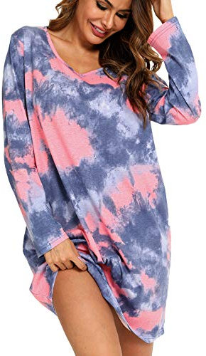 ENJOYNIGHT Chemise de Nuit Femme à Manches Longues Coton Robe de Nuit Imprimé Vêtements de Nuit (Small,Bleu Rose)