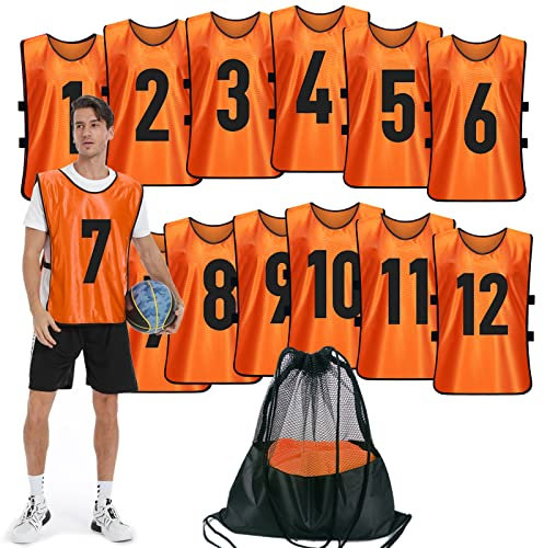 PULUOMASI 12 Stück Team-Sport-Pinnies für Jugendliche, nummerierte Übungs-Trikots, Orange/Abendrot im Zickzackmuster (Sunset Chevron), X-Large