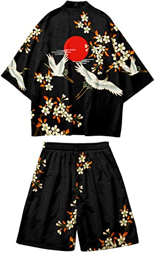 DOSLAVIDA Ensemble Kimono Japonais pour Homme Style Léger Cardigan à Devant Ouvert Costumes Élégants Ensembles de Plage d'Été en Deux Pièces