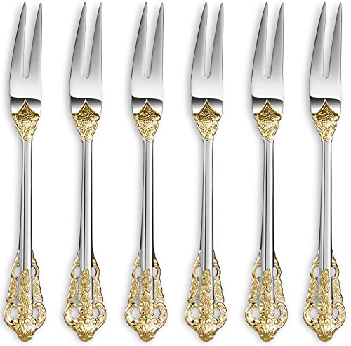 KEAWELL Luxury 6.3 Food Fork/Seafood Forks 18/10 Stainless Steel, Set of 6, Fruit Picks/Cocktail Forks/Charcuterie Accessories/Cocktail Picks for Appetizer, Cocktail, Pastry, Dessert (Gold Accent)