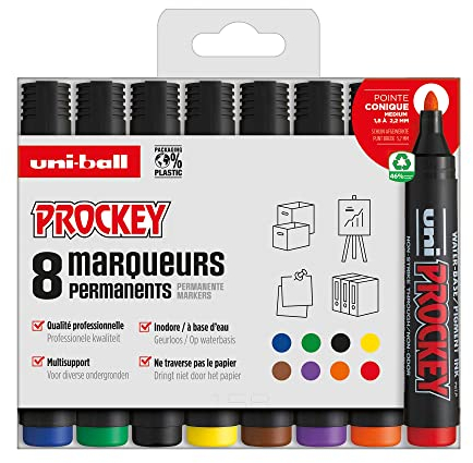 uni-ball Uni Prockey Uni Mitsubishi Pencil - Marqueur Permanent Inodore PM122 - Multisupport, Base Eau, Sans Odeur - Pointe Conique Moyenne 1,2-1,8 mm - Emballage Zéro Plastique, Lot de 8 Couleurs