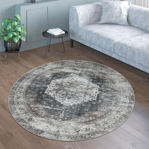 TT Home Wohnzimmer Teppich Flachgewebe Marokkanisch Design Used Look Ornamente Waschbar, Farbe:Grau, Größe:160 cm Rund