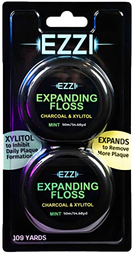EZZI Woven Expanding Dental Floss | Naturally Waxed & Textured w/Charcoal & Xylitol to Optimally Clean Gums | Mint Flavored and 100 Meters