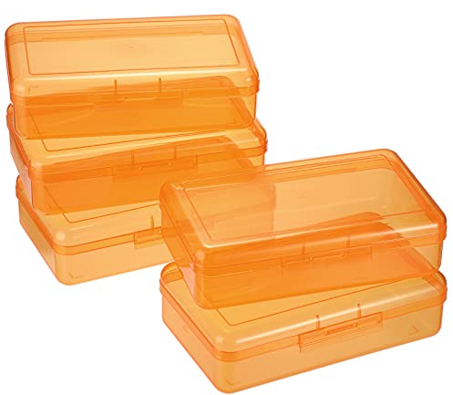 BSTKEY 5 Pack Plastic Pencil Box Holder Pencil Case, Home Office Utility Storage Box Cubby Bin Organizer Case for Stationery, Clear Orange