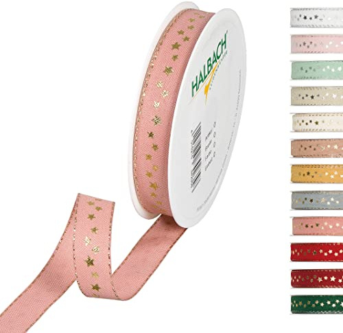 Halbach Weihnachtsband mit Sternen, 15 mm x 18 m, rosa/gold | Waschbares Schleifenband in Baumwolloptik, Made in Germany, zum Verpacken und Dekorieren von Weihnachtsgeschenken