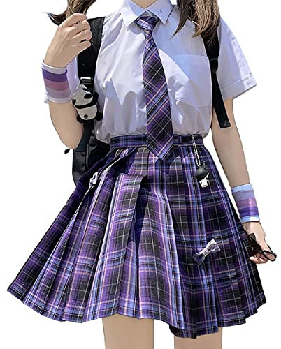Japanischer Faltenrock Minirock Damen Sommer Plaid Rock Hohe Taille Weiß Rosa Rock A-Linie Uniform Minirock, Stil C, X-Klein
