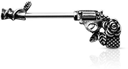beyoutifulthings Brustwarzen-piercing Rose-Pistole Antik-Silber Brust-piercing Nippel-piercing Intim-piercing Chirurgenstahl Stab 14-mm