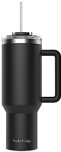SoleCup. 40oz Travel Mug with Handle, Lid and Two Straws, Drinks Stay Hot for 8 Hours, Cold for 24 Hours, Double Wall Vacuum Insulated Stainless Steel Tumbler… (Black, 40oz)