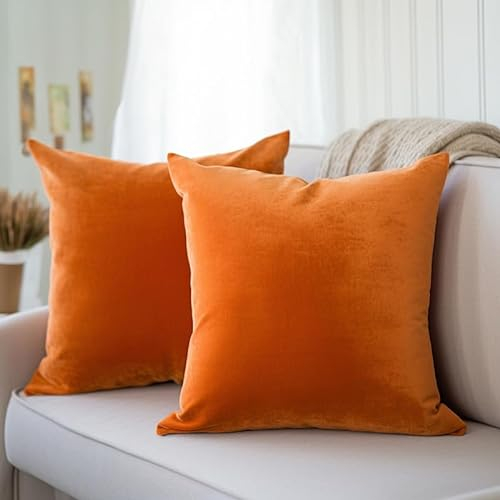 Encasa XO Kissenbezüge aus Samt - 2er-Set (50x50 cm) - Orange- Uni gefärbt, weich & glatt, waschbar, quadratisch, großer Wurfkissenbezug für Couch, Sofa, Stuhl, Bett und Wohnbereich