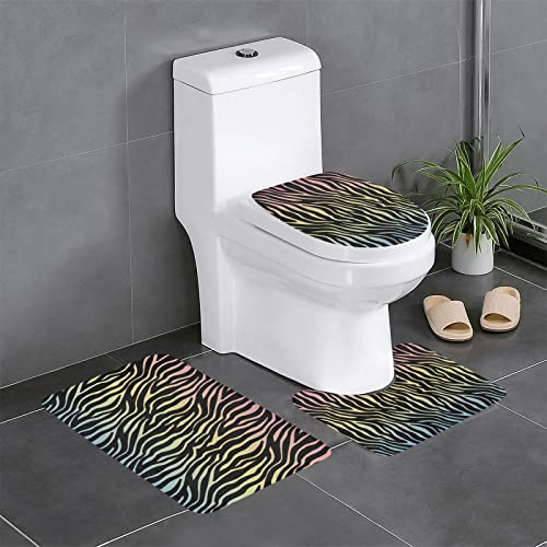 OTRAHCSD 3 Stück Badematten Set, Glatt Zebramuster Badteppich Badvorleger + Konturenmatte + WC-Deckelbezug mit rutschfester Klebefläche
