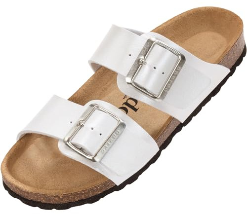 Palado Pantoletten Damen Samos EGS - bequeme Sandalen Made in Spain - Hausschuhe mit dämpfendem Kork-Fußbett - modische Sommerschuhe Weiß Metallic UK6 - EU39