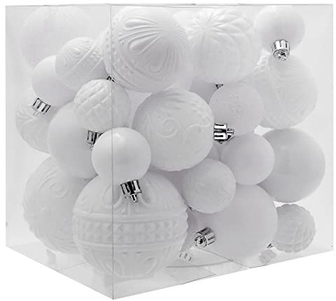 Weiße Weihnachtskugeln, Weihnachtskugel-Ornamente, Christbaumkugeln, Weihnachtsbaumschmuck, bruchsicher, Weihnachtsschmuck-Set mit 6 Stilen in 3 Größen (klein, mittel, groß)