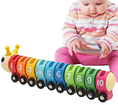 Yusheng Holzeisenbahn - Spielzeugeisenbahn für Mädchen - Fahrzeugspielzeug-Raupendesign zur Verbesserung des digitalen Bewusstseins und der Farberkennung, für Kinderzimmer und Inneneinrichtung