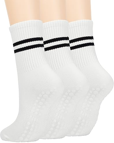 Zando Sneaker Socken Herren und Damen Baumwolle Anti-Rutsch Grip Socken Fussball mit Drei Streifen Yoga Tennissocke 3 Paar Weiß
