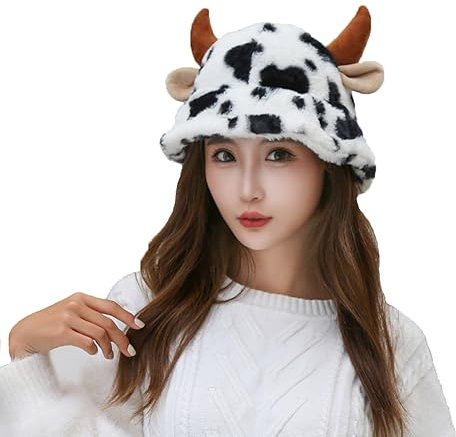 BSYLOO Funky Fuzzy Kuh-Print Bucket Hat mit Plüschhörnern – perfekt für Frauen und Mädchen
