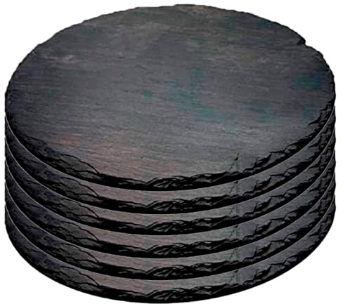 Acan Tradineur - Pack de 6 Platos de Pizarra Redondos, Bandeja para hosteleria, Servicio y degustación, Canto rústico, Tabla de Piedra Natural para Servir Aperitivos - Ø 25 cm