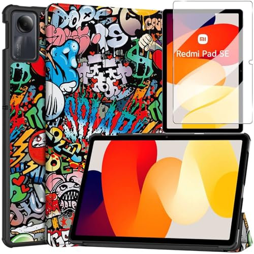 Alenbowen Compatibile con Xiaomi Redmi pad SE 11 (2023),Cover Protettiva Ultra Sottile PU di con Funzione di Supporto,Graffiti + 1x pellicola protettiva in vetro temperato