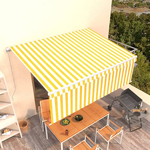 ARKEM Markise Manuell Einziehbar mit Rollo 4x3 m Gelb & Weiß Balkon Sichtschutz Regenschutz Balkon