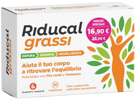 CHEMIST’S RESEARCH RIDUCAL GRASSI | Integratore Alimentare Vitamine, Fibre, Estratti Vegetali, Coadiuvante e Mantenimento del Peso Corporeo, Senza Glutine, Senza Lattosio | 30 Compresse (1 Confezione)