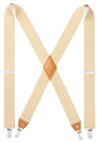 HISDERN Herren 3,5 cm breiter Hosenträger in X-Form mit sehr Starken 4 Metall Clip für Männer und Damen elastisch und verstellbar Champagne