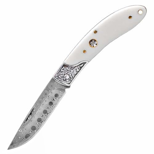 Joa Couteau de poche damassé pliant fin et pratique - Couteau de survie - Couteau de chasse - Blanc - Manche en os - Acier damassé de qualité supérieure - Petit couteau léger